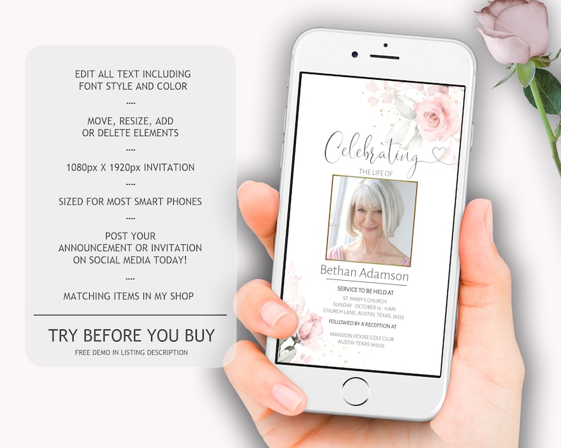 Funeral Bundle Set, Pink Celebration of Life, Funeral Memorial Pack, In Loving Memory Suite, Printable Editable Funeral Templates F-IZZY image 4