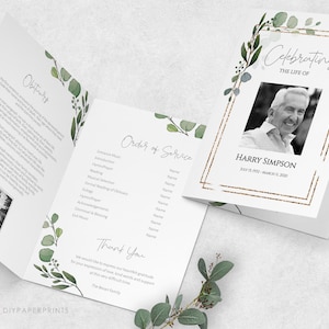 May include: A funeral program with a green floral design and a gold frame. The program includes an obituary, order of service, and a thank you message. The program is for Harry Simpson, July 15, 1933 - March 12, 2020.