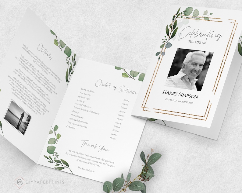May include: A funeral program with a green floral design and a gold frame. The program includes an obituary, order of service, and a thank you message. The program is for Harry Simpson, July 15, 1933 - March 12, 2020.