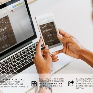 May include: A digital mockup of a wedding welcome sign with a rustic wood background and string lights. The sign says "Welcome to the wedding of Emily & Matthew".