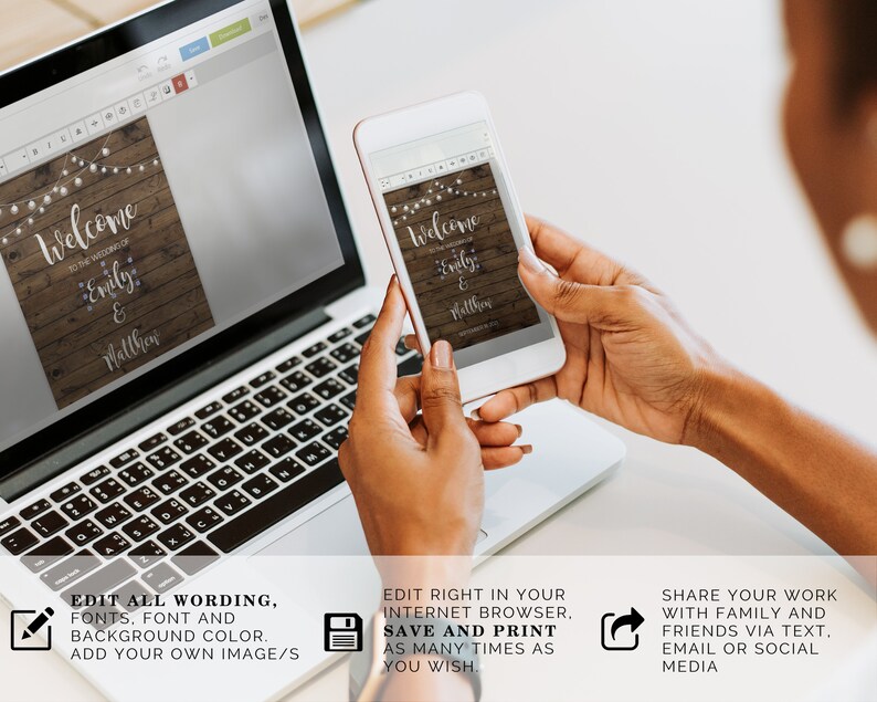 May include: A digital mockup of a wedding welcome sign with a rustic wood background and string lights. The sign says "Welcome to the wedding of Emily & Matthew".