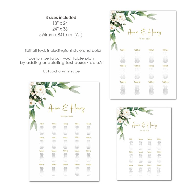Wedding Seating Chart Template, Eucalyptus Greenery Editable Seating