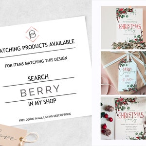 May include: A printable Christmas party invitation with a red and green floral design. The text on the invitation reads "The Wallace Family Christmas Party".