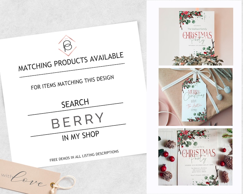 May include: A printable Christmas party invitation with a red and green floral design. The text on the invitation reads "The Wallace Family Christmas Party".