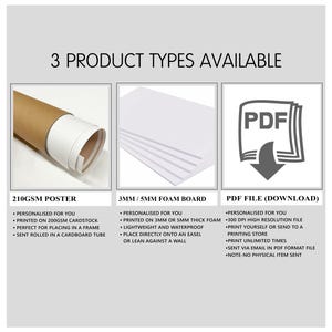 May include: An image showcasing three product options: a rolled poster, foam board, and a PDF file. The poster is 210gsm, the foam board is 3mm/5mm thick, and the PDF is a downloadable file. Text details each option's features.