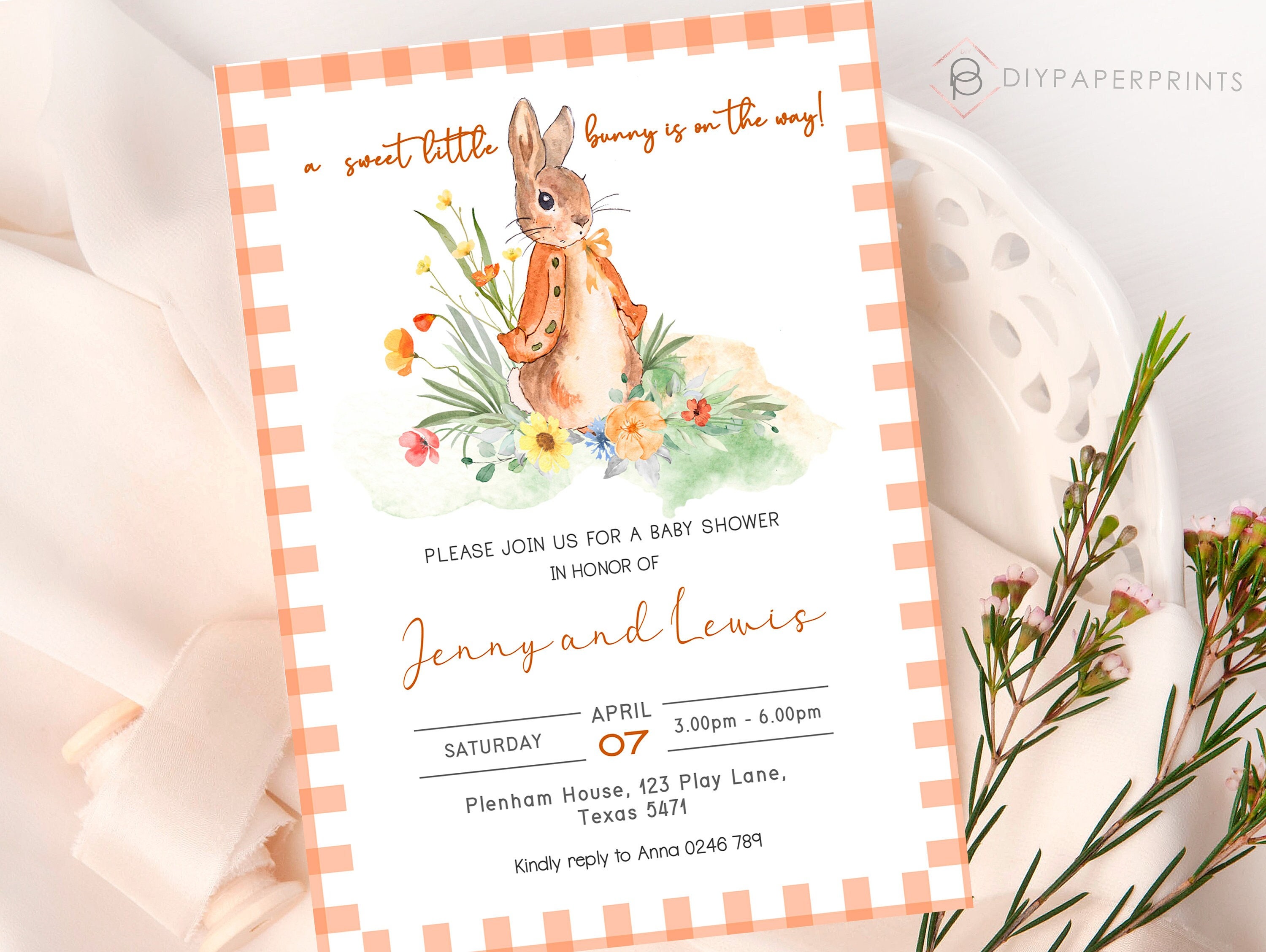 EDITABLE Peter Rabbit Baby Shower Invitation, Baby Bunny Invite ...