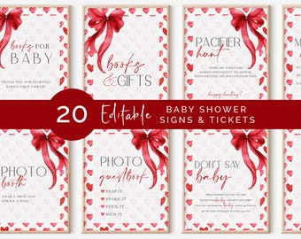 Letreros para baby shower de San Valentín con temática de corazones, plantilla editable de Canva (descarga digital) LS1