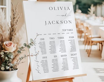 Plano de asientos minimalista para bodas, plano de mesas, póster moderno personalizado, impresión en cartón pluma o digital en tamaños A1, A2 y A3.