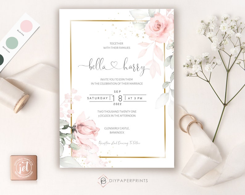 Pink Wedding Invitation Template, Details and rsvp, DIY Instant download, Printable wedding invitation, Pink Floral, W-IZZY image 2