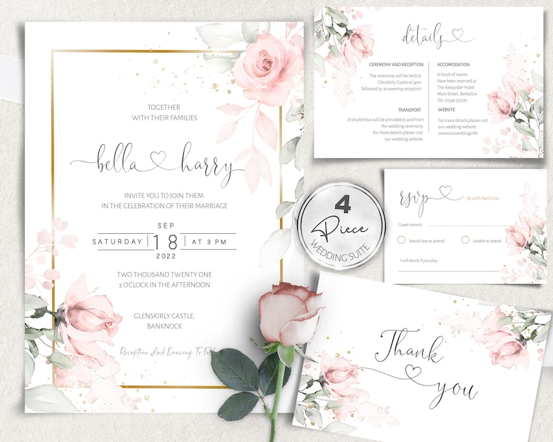 Pink Wedding Invitation Template, Details and rsvp, DIY Instant download, Printable wedding invitation, Pink Floral, W-IZZY image 1