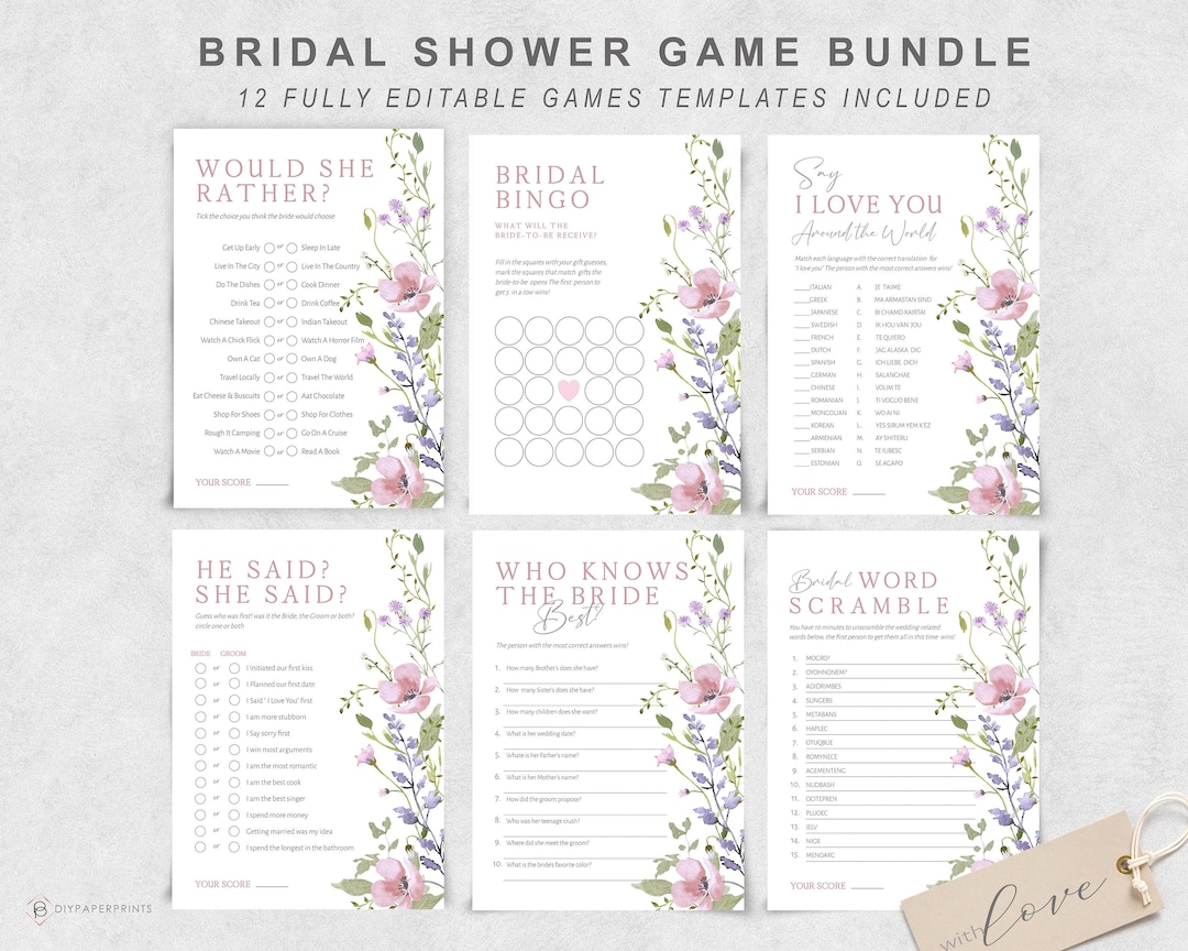 Bridal Shower Games Bundle Pink Floral Bridal Shower Package Editable ...