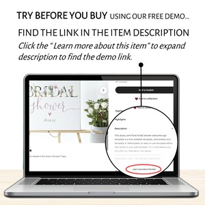 May include: A laptop computer screen displaying a pink floral bridal shower welcome sign template. The text on the screen reads "BRIDAL shower 18.02.23". The screen also shows a button that says "Learn more about this item".