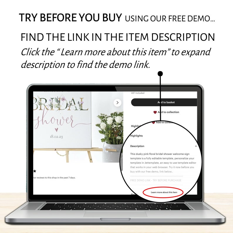 May include: A laptop computer screen displaying a pink floral bridal shower welcome sign template. The text on the screen reads "BRIDAL shower 18.02.23". The screen also shows a button that says "Learn more about this item".