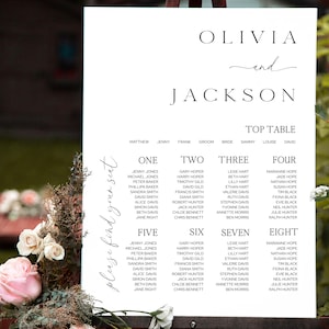 May include: A white wedding seating chart with black text. The names "Olivia and Jackson" are at the top, followed by a list of names organized by table number. The words "please find your seat" are written vertically on the left side.