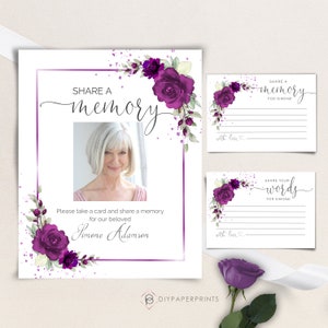 May include: Purple floral memorial cards with a photo frame and space to write memories and words for Simone. The cards have a watercolor background with purple flowers and white text.