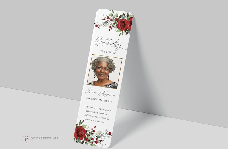 Editable Funeral Bookmark Template, Printable Funeral Bookmark, Red Floral Memorial Bookmark, Bookmark Memorial Keepsake, F-BIRNIE image 4