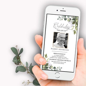 May include: A digital memorial card with a black and white photo of a man, green foliage, and the text "Celebrating the Life of Harry Adamson". The card includes details for a service and reception.