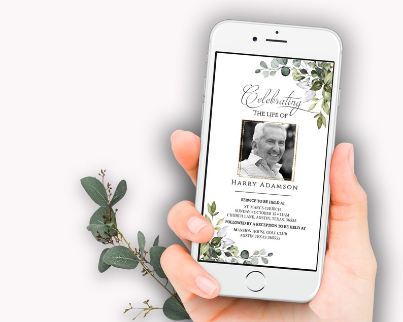 May include: A digital memorial card with a black and white photo of a man, green foliage, and the text "Celebrating the Life of Harry Adamson". The card includes details for a service and reception.