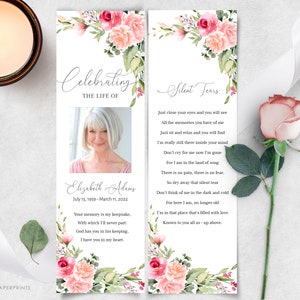 May include: A floral funeral program with a photo of a woman and the text "Celebrating the Life of Elizabeth Adams July 15, 1959 - March 11, 2022" and "Your memory is my keepsake, With which I'll never part. God has you in his keeping. I have you in my heart." on the left side. The right side features the text "Silent Tears" and a poem about remembering a loved one.