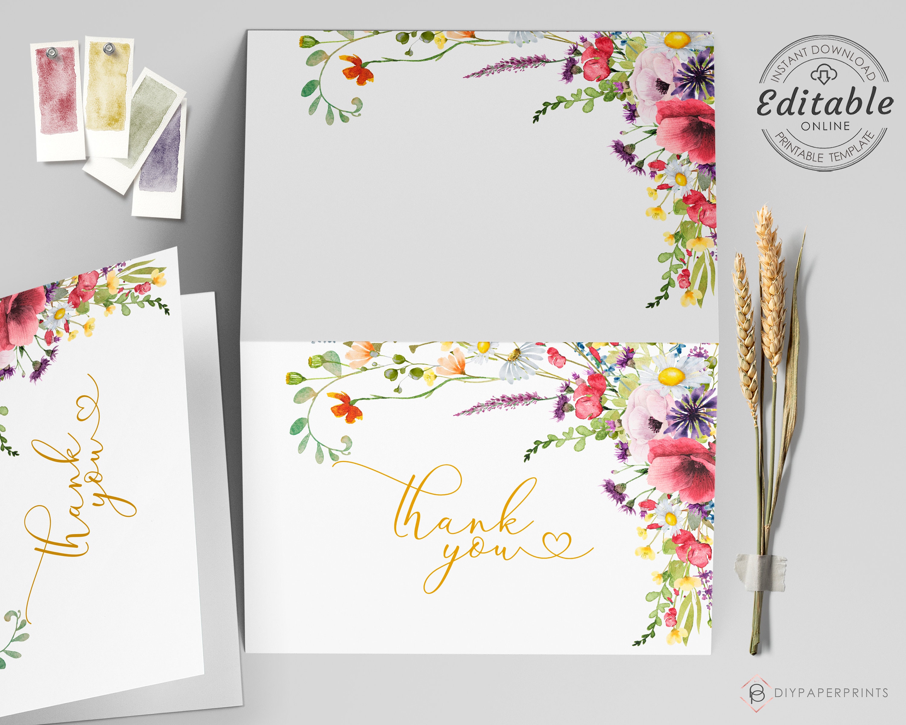 Wild Flowers Thank You Card Template, Editable Digital INSTANT DOWNLOAD ...