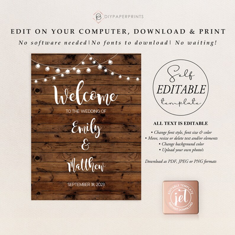 May include: Editable wedding welcome sign template with a rustic wood background and string lights. The text reads "Welcome to the wedding of Emily & Matthew September 18, 2023".