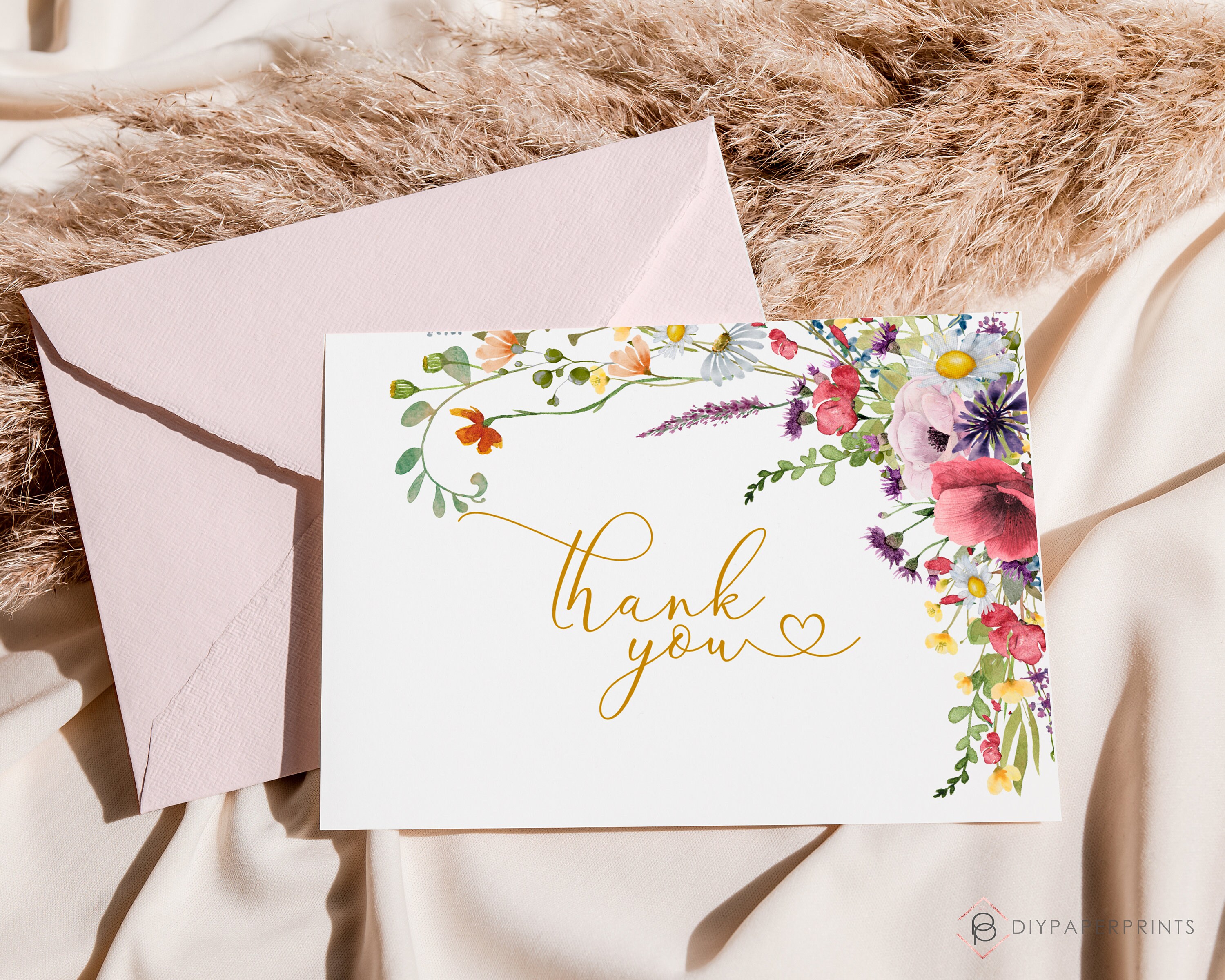 Wild Flowers Thank You Card Template, Editable Digital INSTANT DOWNLOAD ...