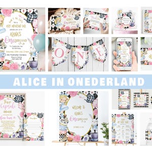 Alice in Wonderland Birthday Party Bundle Mad Hatter Tea Party Invitation Alice in Onederland Decor 1st Birthday Editable Party Invite AONE1