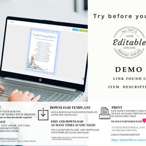 Puede incluir: Una computadora port&aacute;til muestra una plantilla de juego para baby shower, "Would Mommy Rather?", con un borde de cuadros azules y una ilustraci&oacute;n de Peter Rabbit. El texto indica que la plantilla es editable en l&iacute;nea. Instrucciones de edici&oacute;n e impresi&oacute;n.