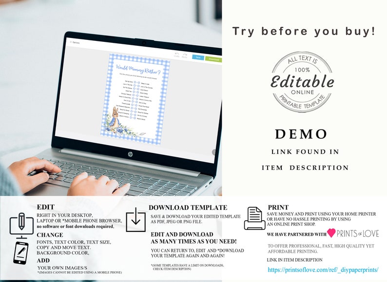 Puede incluir: Una computadora port&aacute;til muestra una plantilla de juego para baby shower, "Would Mommy Rather?", con un borde de cuadros azules y una ilustraci&oacute;n de Peter Rabbit. El texto indica que la plantilla es editable en l&iacute;nea. Instrucciones de edici&oacute;n e impresi&oacute;n.