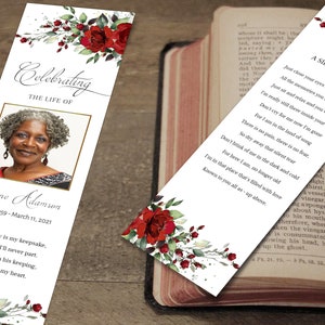 Editable Funeral Bookmark Template, Printable Funeral Bookmark, Red Floral Memorial Bookmark, Bookmark Memorial Keepsake, F-BIRNIE image 3