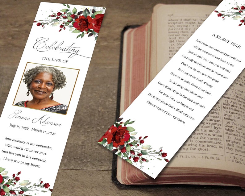 Editable Funeral Bookmark Template, Printable Funeral Bookmark, Red Floral Memorial Bookmark, Bookmark Memorial Keepsake, F-BIRNIE image 3