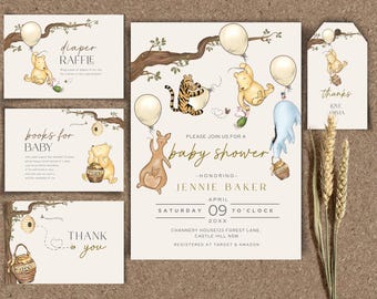 Winnie the Pooh Baby Shower Invitation Bundle: Gender Neutral, Editable Canva Template (Digital Download