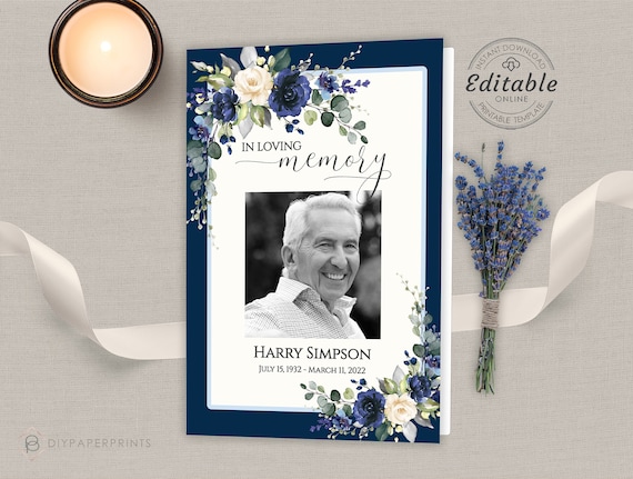 Blue Roses Funeral Program Template, Editable Memorial Service (Digital Download)