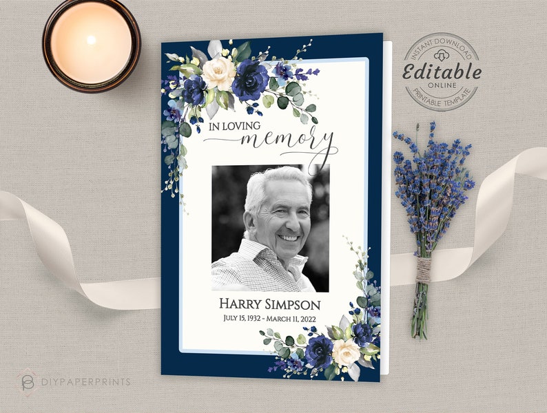May include: A blue and white floral memorial card with a photo of a man and the text "In loving memory Harry Simpson July 15, 1932 - March 11, 2022"