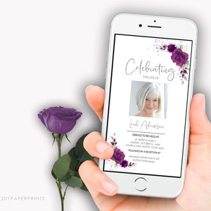 May include: A purple floral phone screen mockup with the text "Celebrating the life of Leah Adamsee". The text below the photo reads "Service to be held at St. Mary's Church, Sunday, October [date] at Church Lane, Austin, Texas 78755. Followed by a reception at Mansion House Golf Club, Austin, Texas 78755."