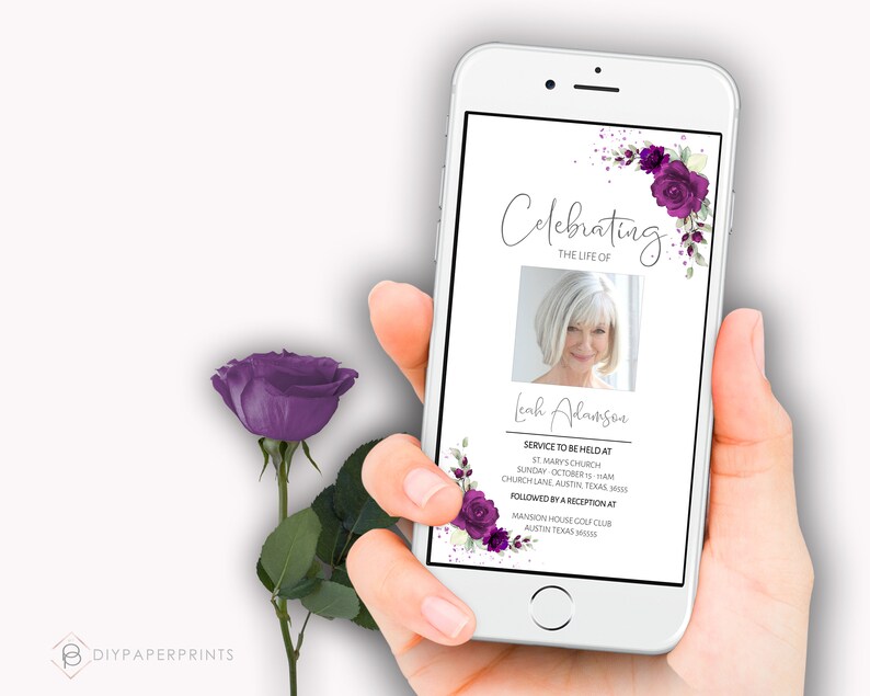 May include: A purple floral phone screen mockup with the text "Celebrating the life of Leah Adamsee". The text below the photo reads "Service to be held at St. Mary's Church, Sunday, October [date] at Church Lane, Austin, Texas 78755. Followed by a reception at Mansion House Golf Club, Austin, Texas 78755."