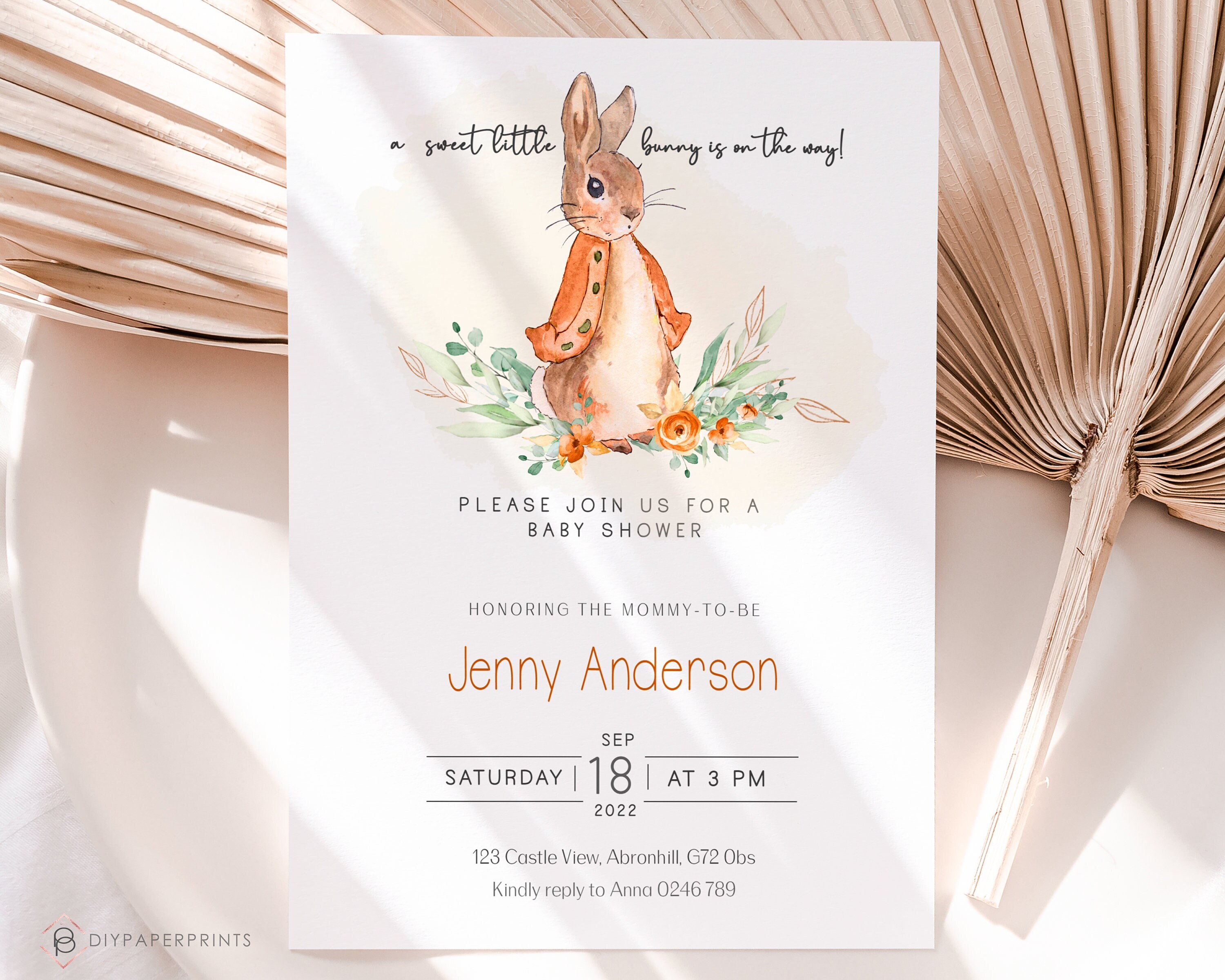 EDITABLE Peter Rabbit Baby Shower Invitation, Baby Bunny Invite, Girl ...