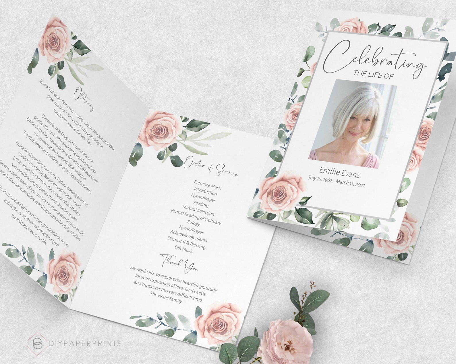 Editable Funeral Program Template Pink Roses Funeral - Etsy