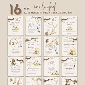 Peut inclure: Un ensemble de 16 panneaux de baby shower imprimables, chacun de 20,32 x 25,4 cm. Les panneaux pr&eacute;sentent des illustrations de Winnie l'Ourson et ses amis avec des phrases comme "Conseils aux parents" et "Devinez combien de nids d'abeilles". Les panneaux sont modifiables.
