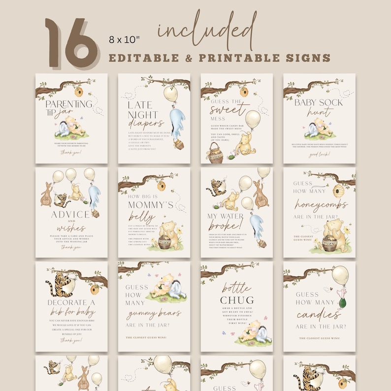 Peut inclure: Un ensemble de 16 panneaux de baby shower imprimables, chacun de 20,32 x 25,4 cm. Les panneaux pr&eacute;sentent des illustrations de Winnie l'Ourson et ses amis avec des phrases comme "Conseils aux parents" et "Devinez combien de nids d'abeilles". Les panneaux sont modifiables.