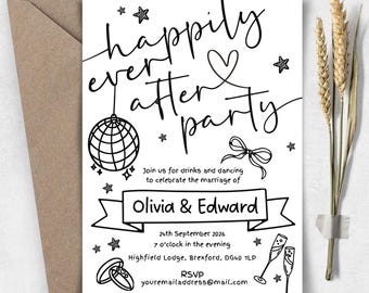 Invitaciones impresas dibujadas a mano para la fiesta posterior a la boda. Invitación para recepción nocturna con un toque de fantasía. Recepción "Felices para siempre" incluida. Sobres blancos gratis.