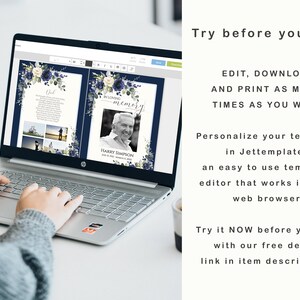 May include: A laptop screen displaying a blue and white floral funeral program template with a photo of a man. The text on the screen reads "In Loving Memory" and "Harry Simpson". The text on the right side of the image reads "Try before you buy! Edit, Download and Print as many times as you wish. Personalize your template in Jettemplate, an easy to use template editor that works in your web browser. Try it NOW before you buy with our free demo, link in item description..."