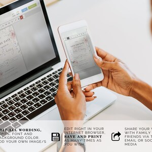 May include: A laptop and a smartphone displaying a customizable save the date card with a floral design. The text on the card reads "Save the Date for the wedding of Bella & Harry".