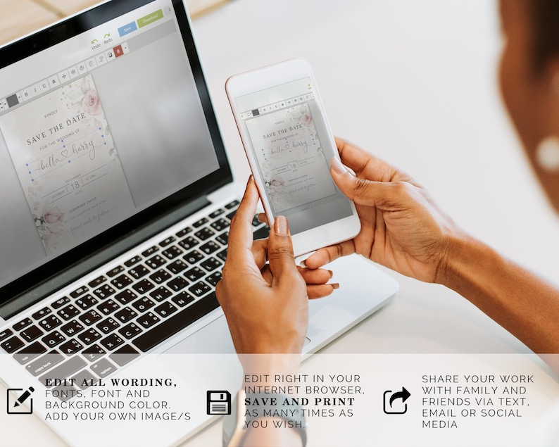May include: A laptop and a smartphone displaying a customizable save the date card with a floral design. The text on the card reads "Save the Date for the wedding of Bella & Harry".