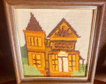 Small Framed Vintage Victorian House Needlepoint