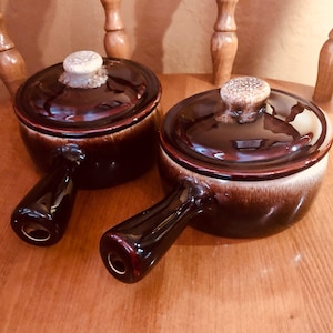 Set of Two Vintage Ceramic Soup Crocks with Handle & Lid