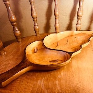 Vintage Wooden Leaf Tray with Two Compartments