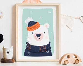Winter Woodland Animal Print, Bear Print, Woodland Nursery Wall Art,Kids Room Printable, safari animal head, printable wall art, Winter Bear