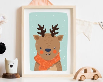 Winter Woodland Animal, deer Print, Woodland Nursery Wall Art,Kids Room Printable, safari animal head, printable wall art, Winter deer