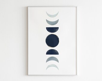 Blue Watercolor And Gold Foil Moon Phases Wall Art, Printable Midcentury Modern Geometric Art, MINIMALIST ABSTRACTION Print,Instant Download